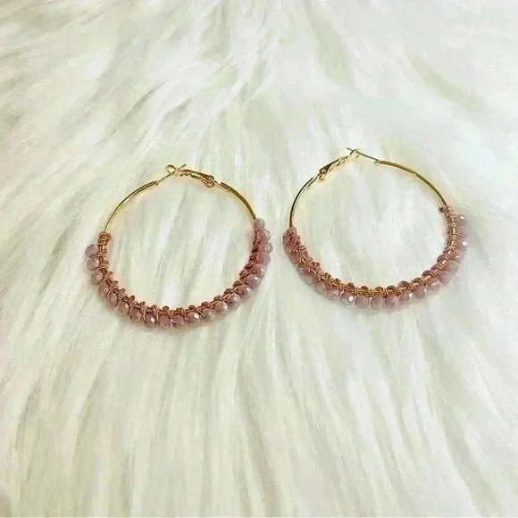 Rose Gold Beaded Hoop Earrings - Picture 3 of 6
